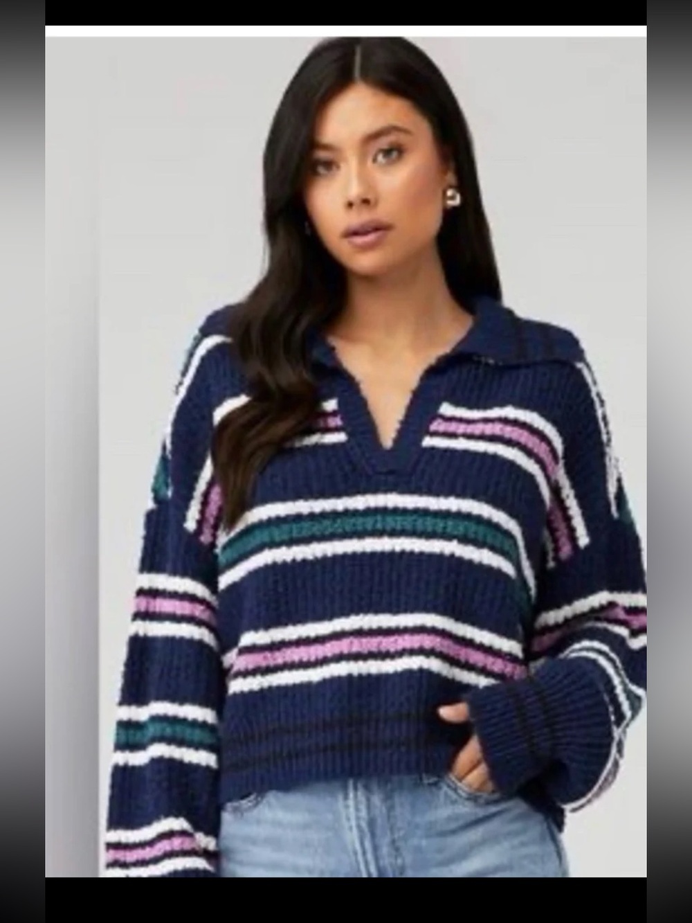 Free People Kennedy Striped Pullover Knit Sweater Navy Blue Pink Size Small - Picture 4 of 12